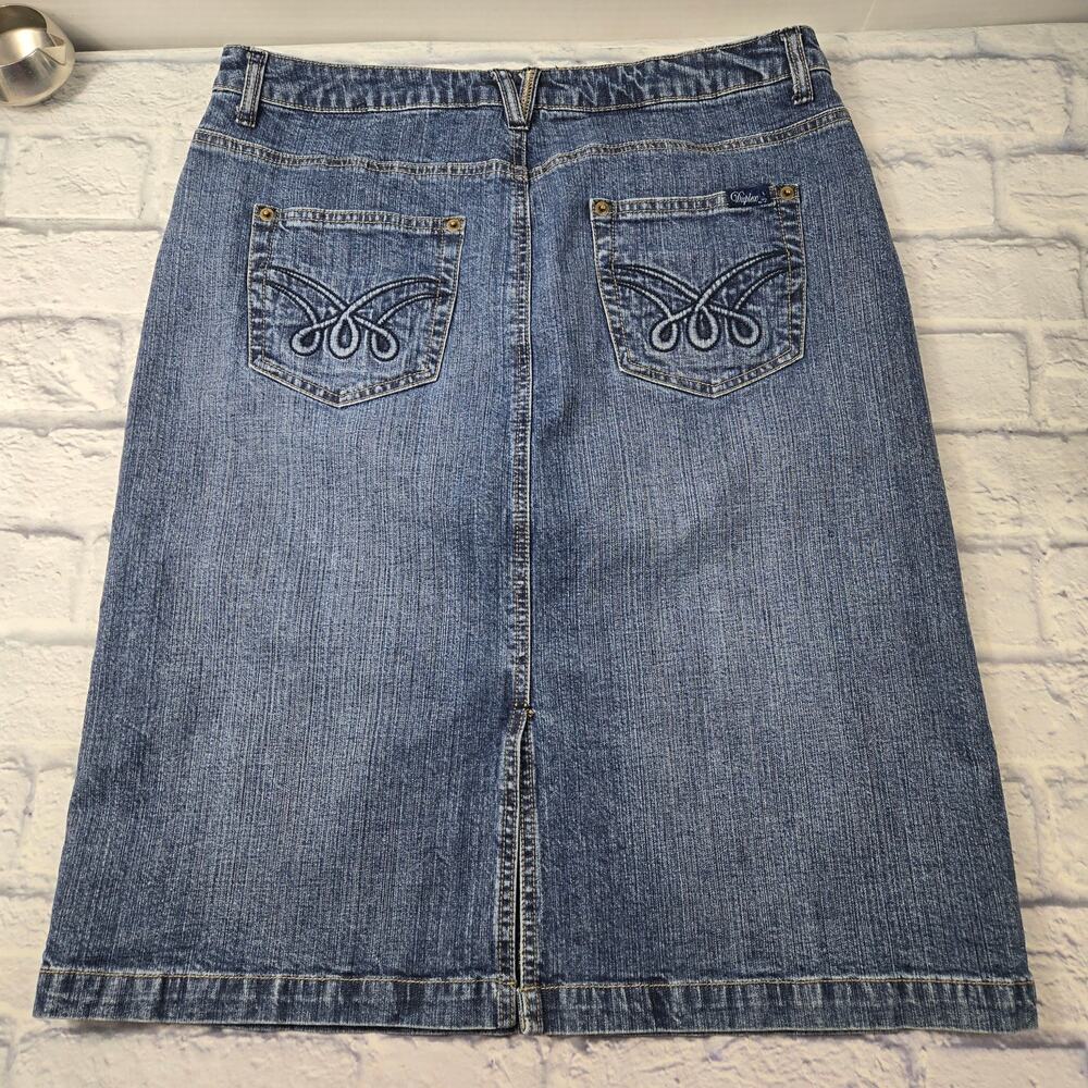 Duplex by Tyte Denim Skirt Embroidered Pockets Stretch Back Vent size 12